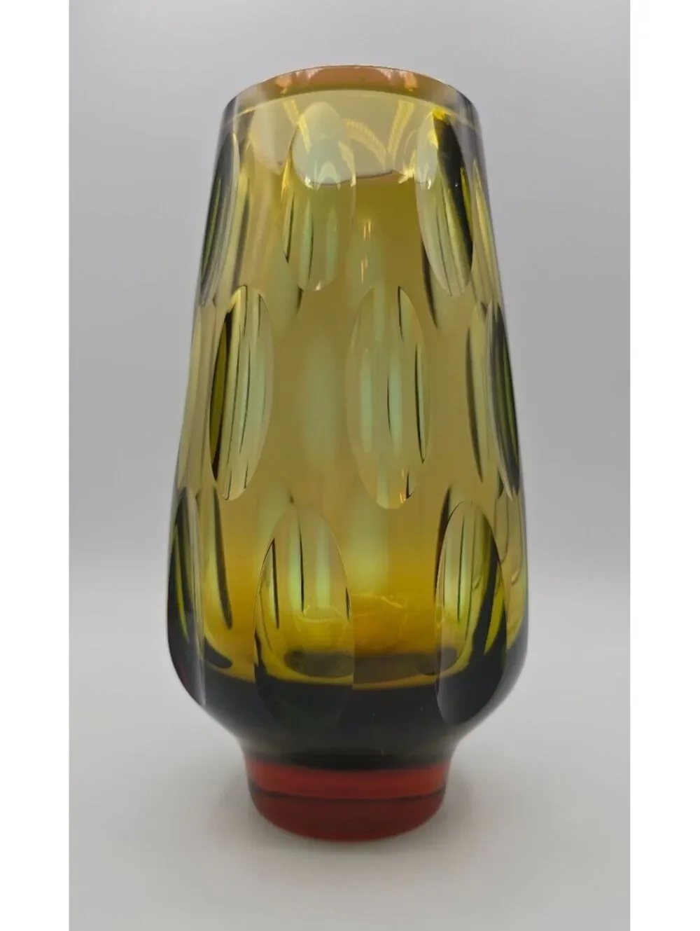 Vintage MCM WMF Erich Jachmann Olive Cut Crystal Art Glass Vase 9.5